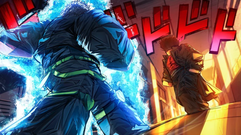 Two illustrated characters facing each other in Morioh High’s Roblox listing artwork