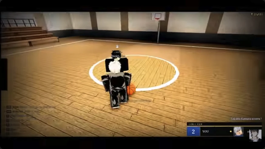 Roblox characters playing basketball inside a wooden-floored gym in the Morioh High trailer