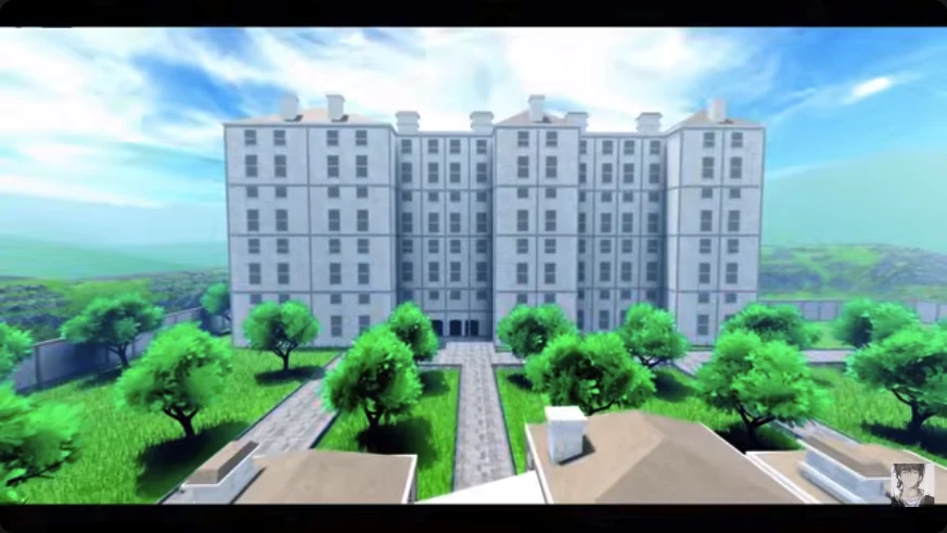 A multi-storey campus building with trees and paths, shown in Morioh High’s release trailer